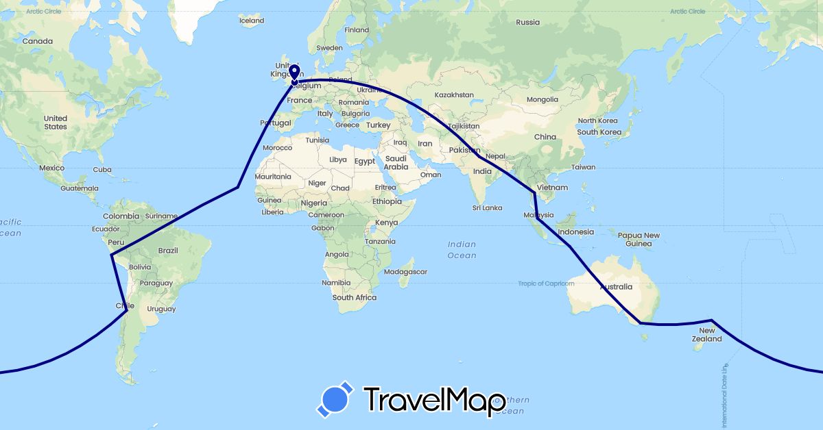 TravelMap itinerary: driving in Australia, Chile, Cape Verde, United Kingdom, Indonesia, India, Malaysia, New Zealand, Peru, Singapore, Thailand (Africa, Asia, Europe, Oceania, South America)